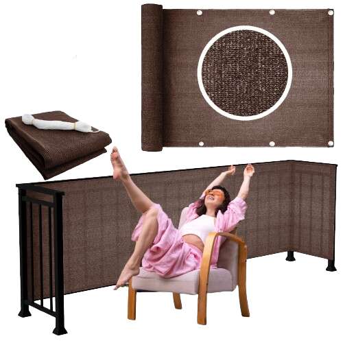 ZLT balcony privacy screen, brown, 0.9x5m, 180g/m2, with woman sitting on chair