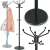 Black metal coat rack with marble base, umbrella stand, hat rack, and multiple hooks