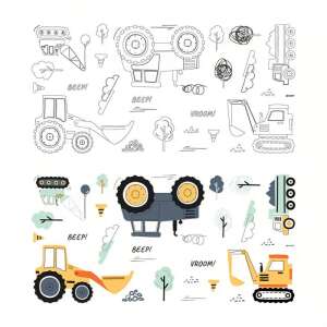 Munkagépes faldíszítő matrica szett: Építőipari jármű falmatrica szett gyerekszoba dekorációhoz, fekete-fehér és színes változat - Gyerek falmatrica