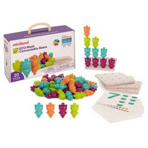 Miniland ECO Math Connectable Bears számoló és matematikai játék óvodásoknak, színes medve alakú gyöngyökkel, számláló kártyákkal és tevékenység táblákkal - Miniland