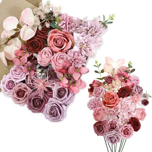 OrgMemory Selyemvirágok - Kombinált Malva Rózsaszín Rózsacsokor