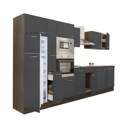 Yorki 360 konyhabútor szett beépített hűtőszekrénnyel, antracit és tölgy kivitelben