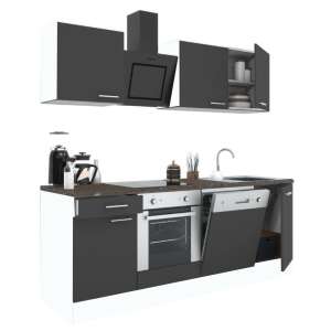 Yorki 220 konyhabútor szett alsó sütővel, fehér korpusz, antracit front, 220 cm széles, sütővel, mosogatógéppel, mosogatóval és páraelszívóval - Leziter