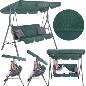 Collage of Springos Luna 3-seater garden swing bed with green canopy and gray cushions, shown with usage examples and fabric detail. - Swing Bed & Rocking Chair