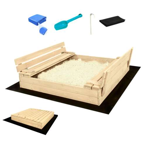 SandTropic Sandpit din lemn cu bancă și geotextil + Joc cadou 120x120cm #natural