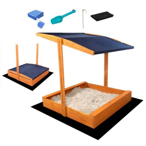 SandTropic Sandpit din lemn cu bancă și acoperiș de umbră + Joc cadou 120x120cm #maro