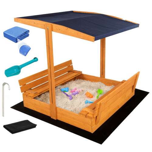 SandTropic Sandpit din lemn cu bancă, capac și acoperiș de umbră + jucărie cadou 120x120cm #maro