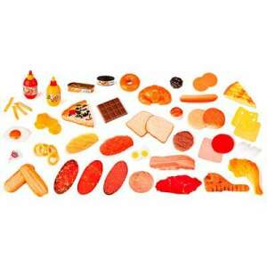 52 piece pretend food playset for kids, includes pizza, steak, chocolate, donuts, fries, ketchup, eggs, sausage, and more - Miniland