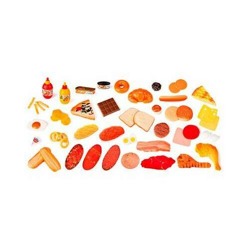 Set de 52 piese de mâncare de joacă pentru copii, inclusiv pizza, friptură, ciocolată, gogoși, cartofi prăjiți, ketchup, ouă, cârnați și multe altele