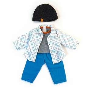 Zimný odev pre bábiku chlapca, kockovaná košeľa, modré nohavice, sivé tričko, čierna čiapka - Miniland