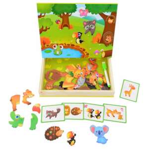 Puzzle magnetic cu animale din pădure, include 25 de piese, un marker pentru ștergere uscată și 7 cărți cu animale. Perfect pentru dezvoltarea creativității și a abilităților motorii fine. - Puzzle pentru copii