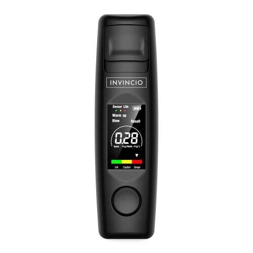 Invinco alkoholteszter, Professzionális érintés nélküli digitális alkoholszonda, Nincs utántöltés, 5 mérés memória funkció, Pontosság +/- 0,01% BAC, LCD színes kijelző, Kockázatjelző, fekete