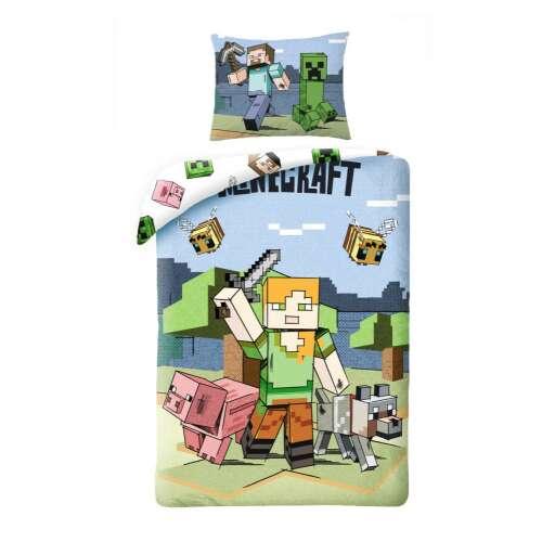Minecraft ágyneműhuzat garnitúra, mely tartalmaz egy takaróhuzatot és egy párnahuzatot Minecraft karakterekkel, köztük Steve-vel, Creeperrel és egy disznóval