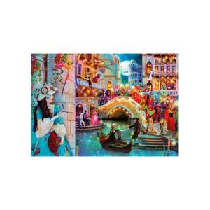 Puzzle Clementoni cu 1000 de piese, Noapte la Carnavalul din Veneția, prezentând o scenă colorată a carnavalului cu oameni în costume, gondole și un pod - Clementoni Puzzle