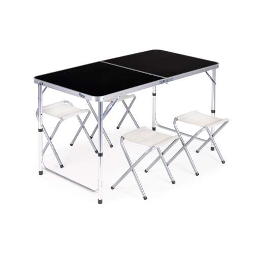 Turista asztal, összecsukható asztal, 4 db szék garnitúra, fekete színű