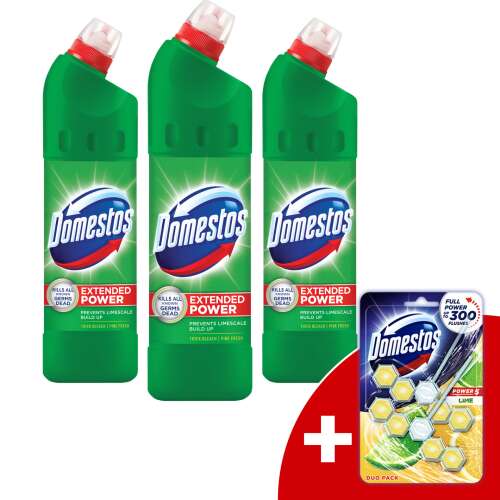 Domestos Extended Power Bor Pine Fresh Bjelilo, 750ml, ubija sve bakterije, sprječava nakupljanje kamenca, 3 pakiranja + Domestos Power 5 Lime Tablete za Čišćenje Toaleta, Duo Pakiranje