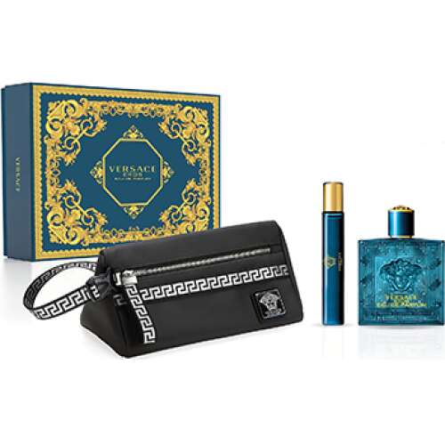Versace Eros Eau de Parfum ajándék szett férfiaknak, 100ml Eau de Parfum, 10ml mini parfüm, utazó táska, ajándékdoboz - Versace