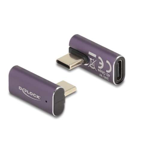 Delock Adaptor USB 40 Gbps USB Type-C PD 3.1 PD 3.1 240 W cu mufă - cu manșon, rotativ curbat stânga / dreapta 8K 60 Hz metalic