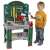 Child playing with Klein Bosch toy workbench, green and grey, with tools and accessories