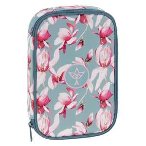 Ars Una Rosy Magnolia tolltartó, kék rózsaszín virágokkal, cipzáras záródás - Ars Una Tolltartó