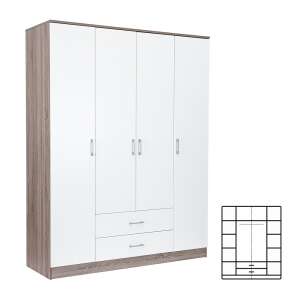 Dulap Miami, alb și stejar york, 160x205 cm, 4 uși, 2 sertare - Dulapuri