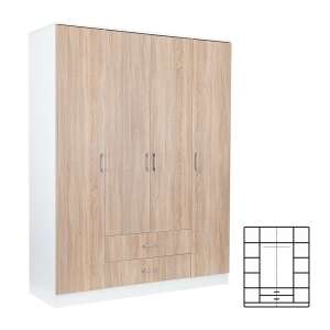 Dulap Miami, 160x205 cm, stejar sonoma-alb, 4 uși, 2 sertare - Dulapuri