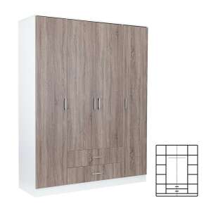 Dulap Miami, 160x205 cm, stejar York-alb, 4 uși, 2 sertare, dulap cu rafturi și sertare, dulap mare, dulap pentru dormitor, dulap, depozitare - Dulapuri