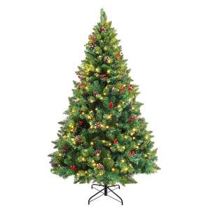 Timeless Tools LED pre-lit artificial Christmas tree, 210 cm tall, warm white lights, 320 LEDs, with pine cones and red berries - Timeless Tools Artificial Christmas Tree