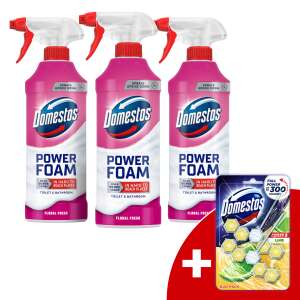 Domestos Power Foam Spray Floral Fresh 3x435ml + подарък Domestos Тоалетна пръчка
