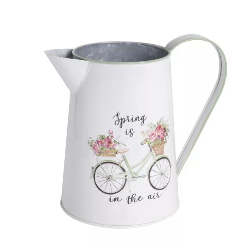 Vintage stílusú bádog kiöntő bicikli és virágmintával. Dekoratív fém locsolókanna váza.