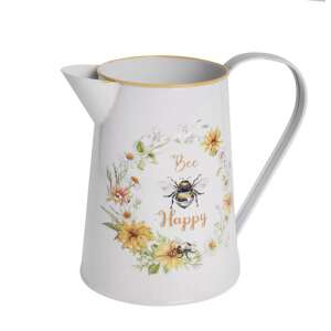Bádog kiöntő, vintage stílusú dekoráció, virág és méh mintával, "Bee Happy" felirattal, 19x16,5 cm - Öntözés