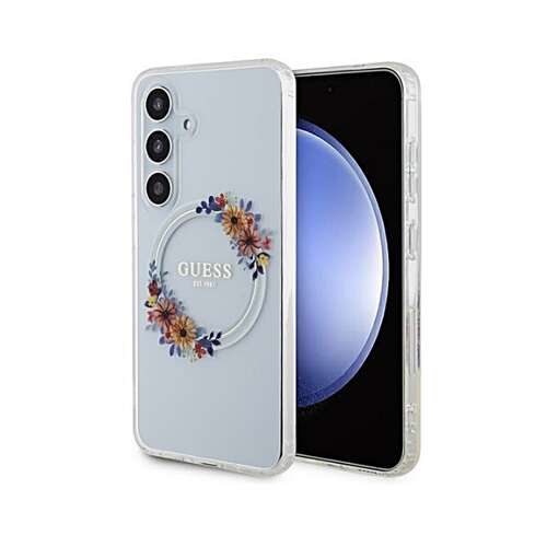 Telefontok Samsung Galaxy S24+ (S24 Plus) - Guess Flowers Wreath - átlátszó, virágmintás MagSafe kompatibilis hátlap tok