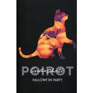 Agatha Christie Hallowe'en Party könyvborító, macska sziluettel, tökökkel és virágokkal kitöltve. - Idegennyelvű könyv