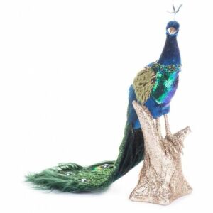 Decoratiune Craciun, paun cu puf, albastru, 24x12x32 cm 140677258 - Decorațiuni de Crăciun