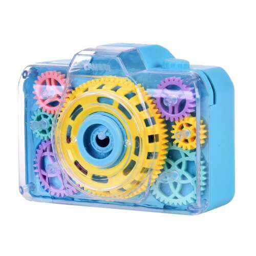 Blue bubble blowing camera with colorful gears and light effects