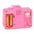 Back view of pink bubble blowing camera with light and sound effects, gear mechanism, battery compartment, and bubble solution bottle