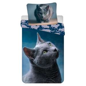 Cat bedding set, 140x200 cm duvet cover and 70x90 cm pillowcase, blue background with cat print - Bedding - Youth and Adult