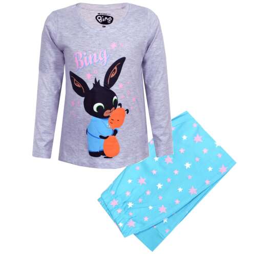 Pijamale Bing Bunny pentru fete, top gri cu mâneci lungi cu imprimeu cu personajul Bing și pantaloni bleumarin cu stele albe