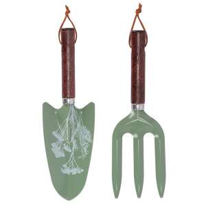 Zöld kerti szerszám készlet, lapáttal és kézi villával, vadvirág mintával - Ültetőszerszám
