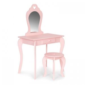 ECOTOYS pink wooden dressing table with mirror and stool for girls - Vanity Table, Makeup Set, Fragrance