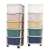 Two white plastic storage towers with 5 colorful drawers on wheels