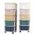 Two white plastic storage towers with 5 colorful drawers on wheels