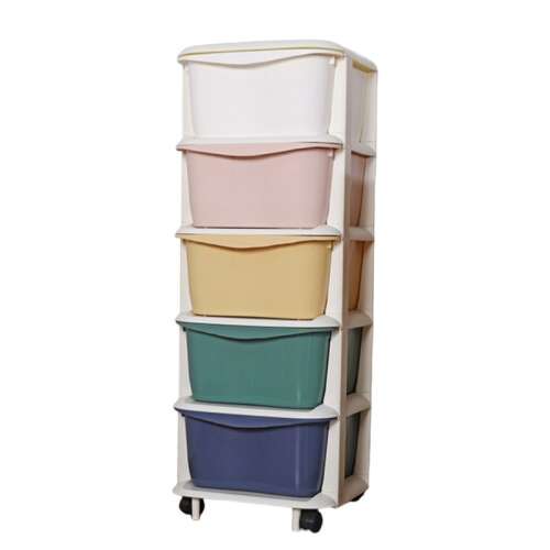 White plastic storage tower with 5 colorful drawers on wheels
