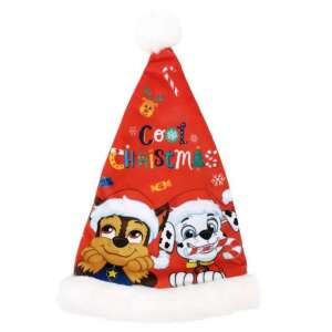 Pălărie de Moș Crăciun Nickelodeon Paw Patrol pentru copii, roșie cu garnitură albă, cu Chase și Marshall, inscripționată Cool Christmas - Caciuli pentru copii, seturi