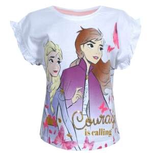 Бяла тениска с къс ръкав Disney Frozen за момичета с принт на Ана и Елза и текст "Смелостта зове" - Мода и обличане