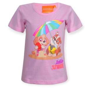 Розова тениска Nickelodeon Paw Patrol Skye за момичета, с изображение на Skye и Marshall на плажа под чадър, с надпис Hello Sunshine - Бебе & Малко дете