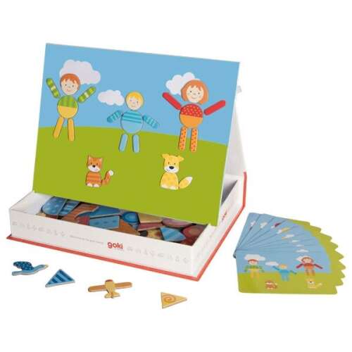 Goki Mágneses Világ 106 részes kreatív mágneses játék, fa mágneses darabok, mágneses tábla, aktivitási kártyák, gyerekeknek, 3 éves kortól