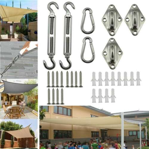 Triangle shade sail mounting kit with stainless steel turnbuckles, hooks, carabiners, plates, screws, and anchors