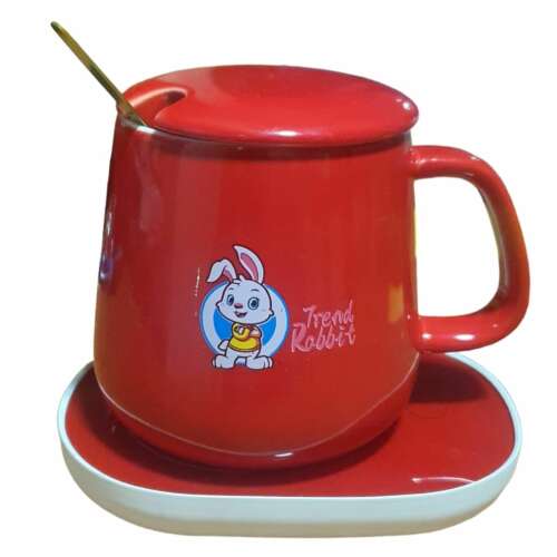 Red ceramic mug with lid and spoon, Fashion Rabbit design, on a white heating coaster