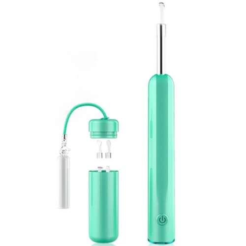 Grünes kabelloses Ohrreinigungs-Endoskop mit 5MP-Kamera und LED-Licht, inklusive 2 Ohrspitzen, Ladekabel und Bedienungsanleitung